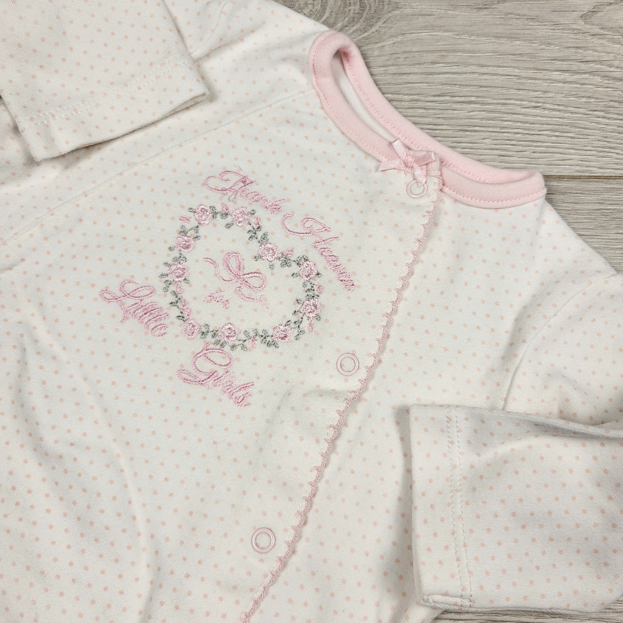 ECRS2 - Little Me white and pink polka dot cotton sleeper. Size 3 months
