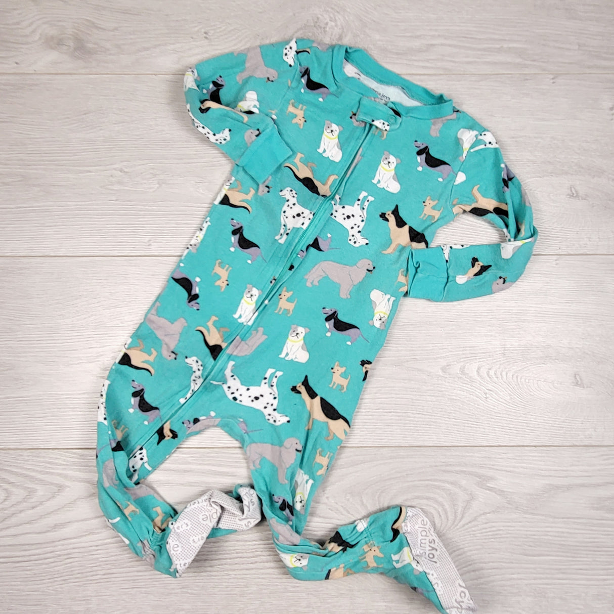 MAWA2 - Simple Joys turquoise zippered cotton sleeper with dogs. Size 18 months