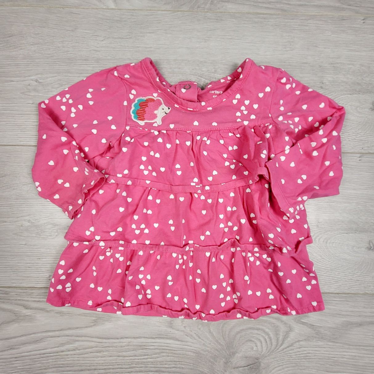 MAWA2 - Carters pink tiered polka dot top with hedgehog. Size 18 months