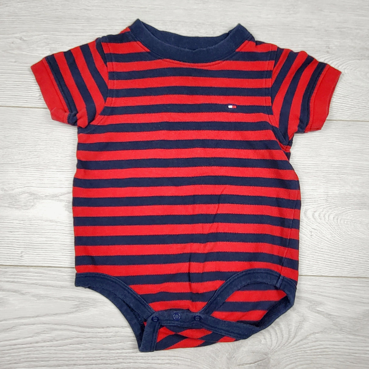 CHSP1 - Tommy Hilfiger navy and red striped knit bodysuit. Size 12-18 months
