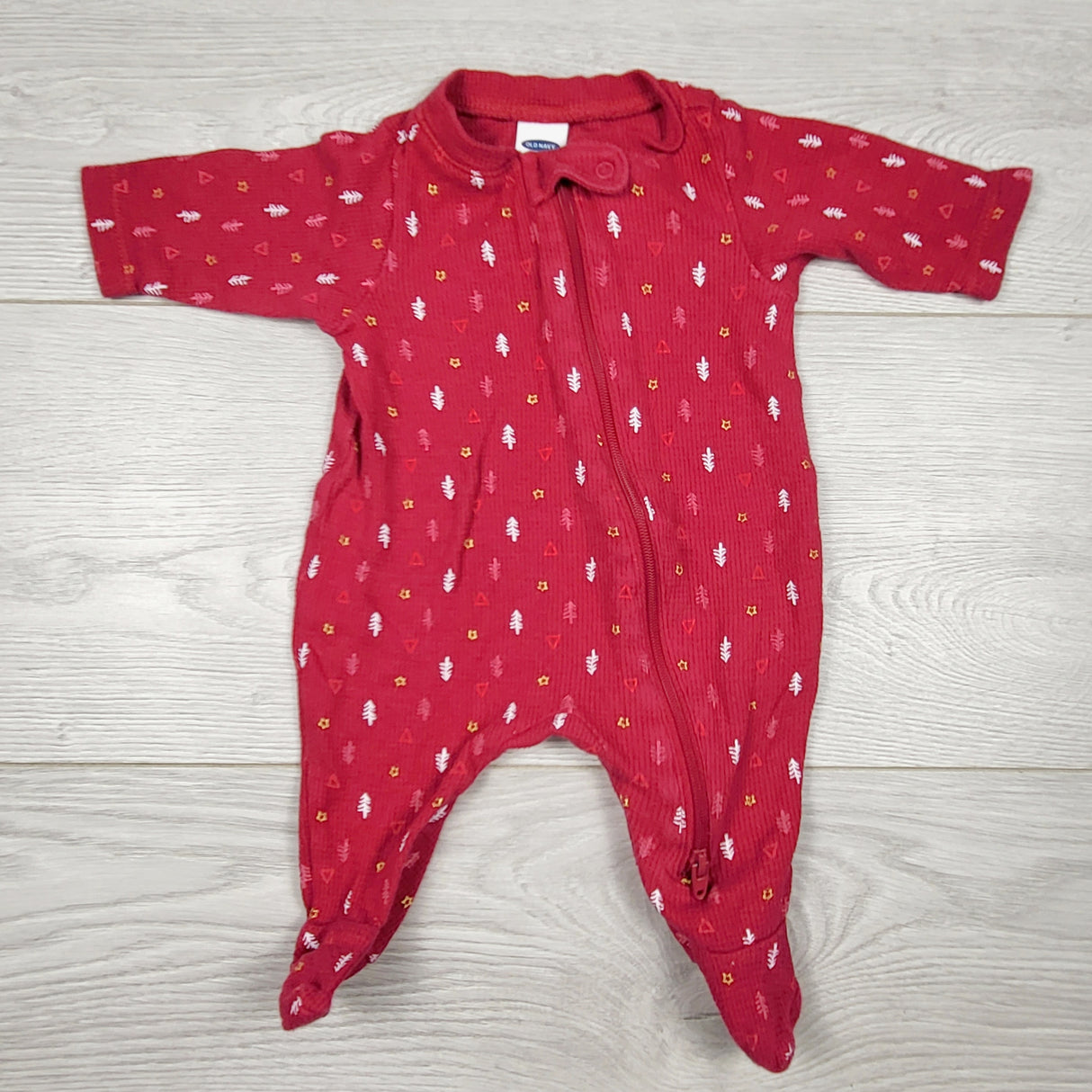 CHSP1 - Old Navy red waffle knit sleeper with trees. Newborn size