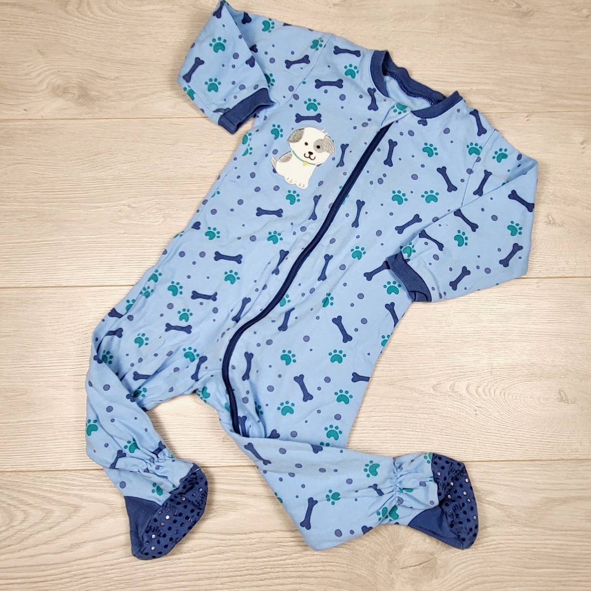 CHSP1 - Tuffy blue zippered cotton sleeper with dog bones. Size 12 months
