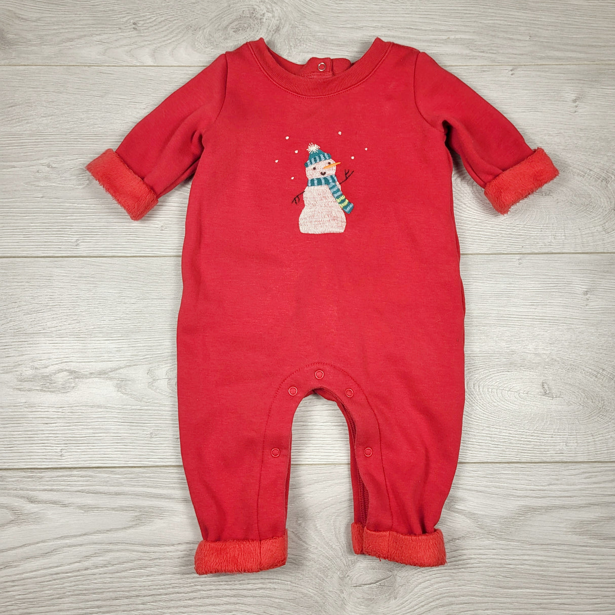 CHSP1 - Gap red minky lined romper with snowman. Size 0-3 months