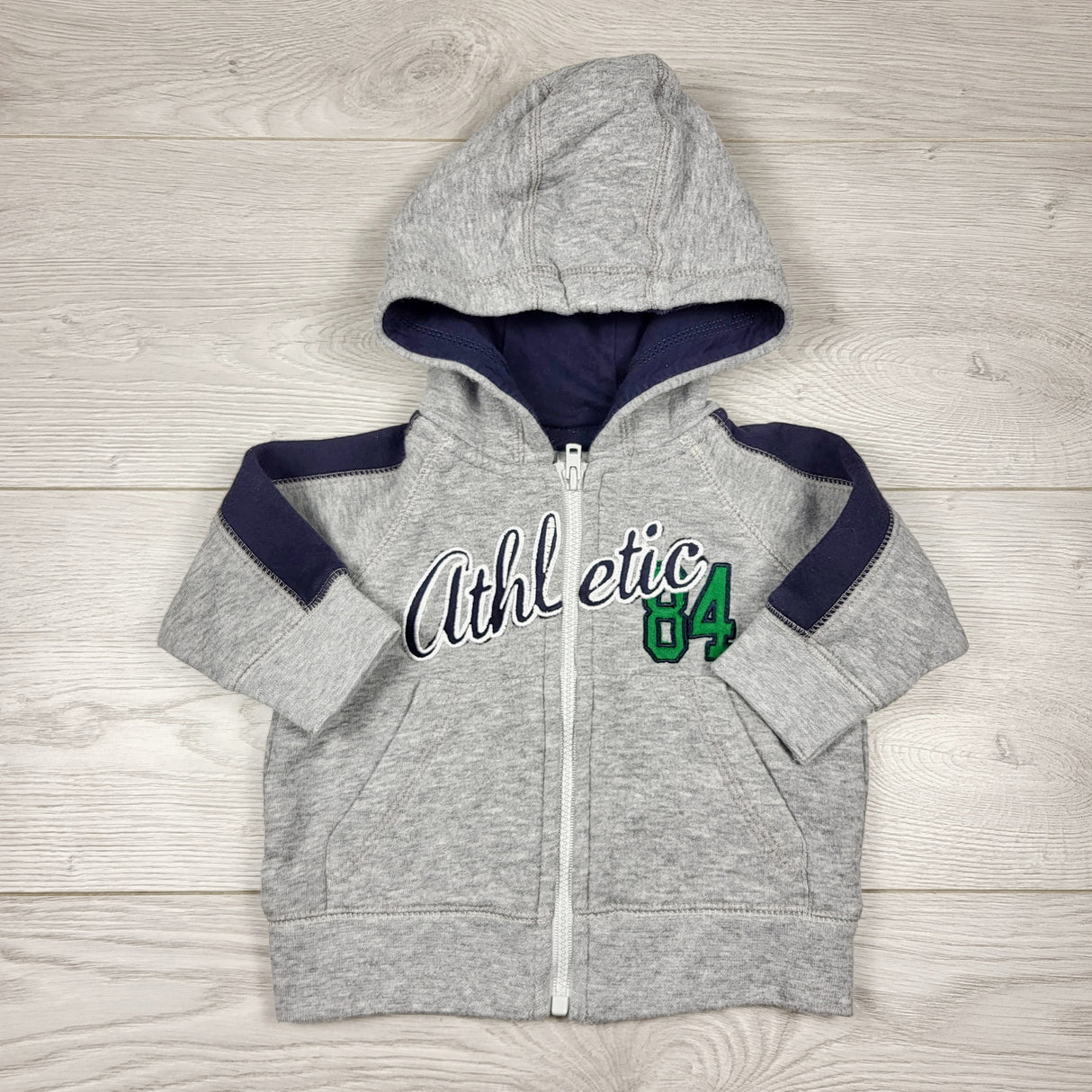 CHSP1 - George grey and navy zip up hoodie. Size 3 months