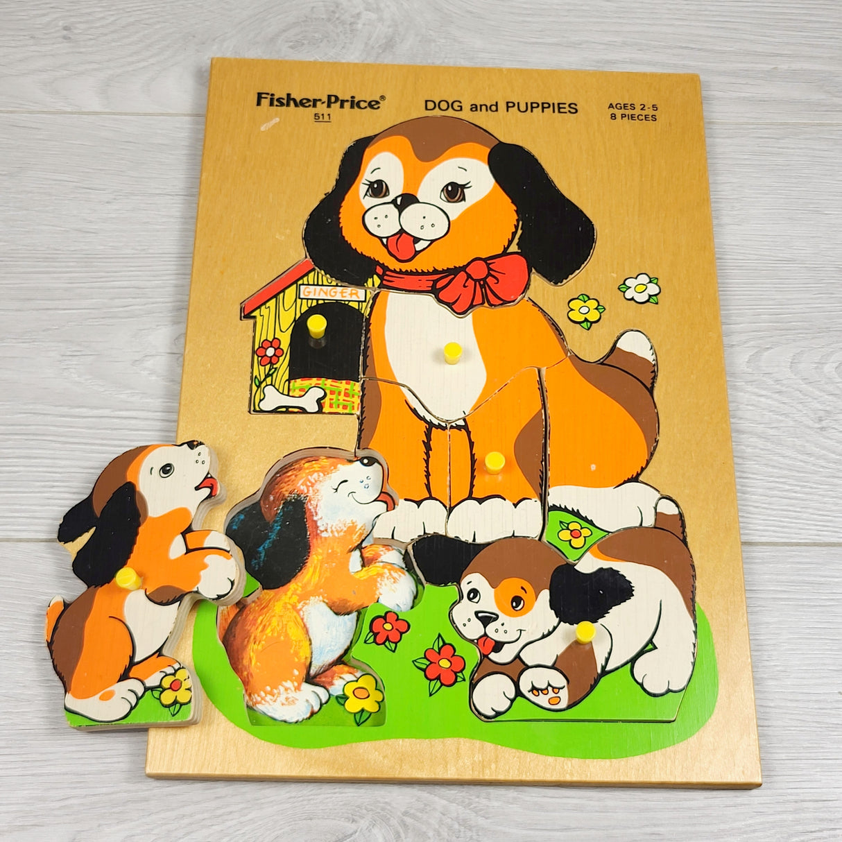 MIRE3 - Vintage 1970s Fisher Price wooden pick 'n peel wooden dog puzzle