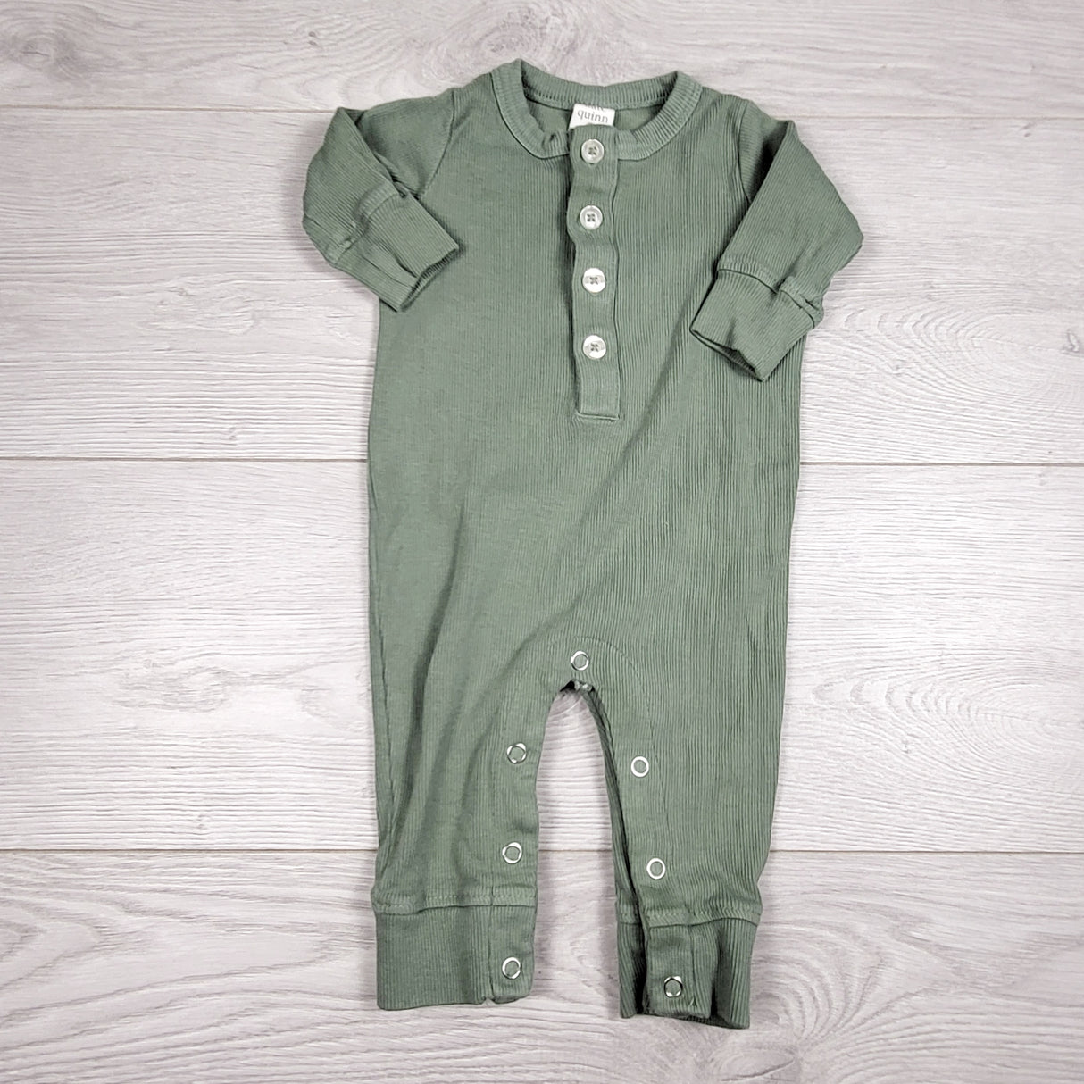 CCAM1 - Kate Quinn green rib knit organic cotton romper. Size 3-6 months