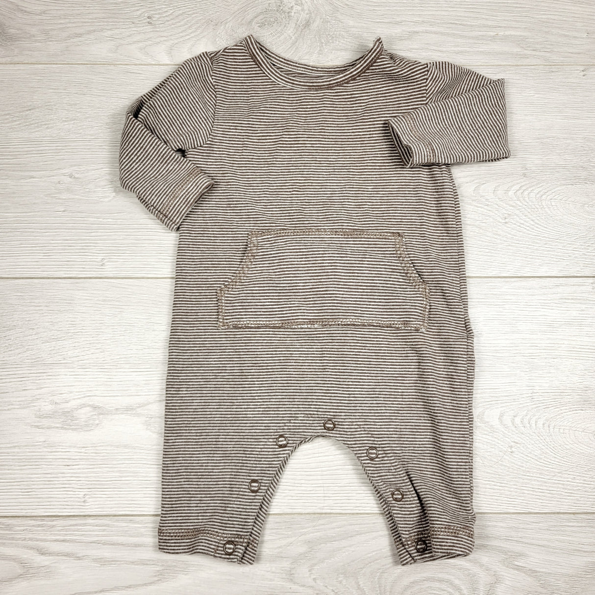 CCAM1 - Little Planet brown striped cotton romper. Size 3 months