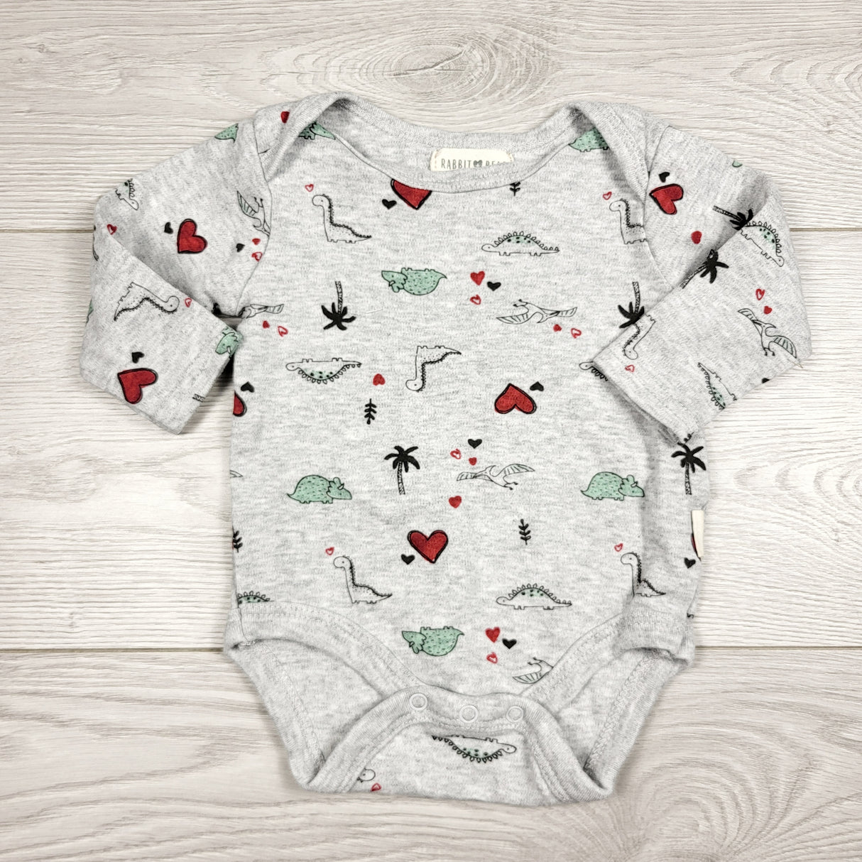 CCAM1 - Rabbit and Bear grey bodysuit with dinosaurs. Size 3-6 months