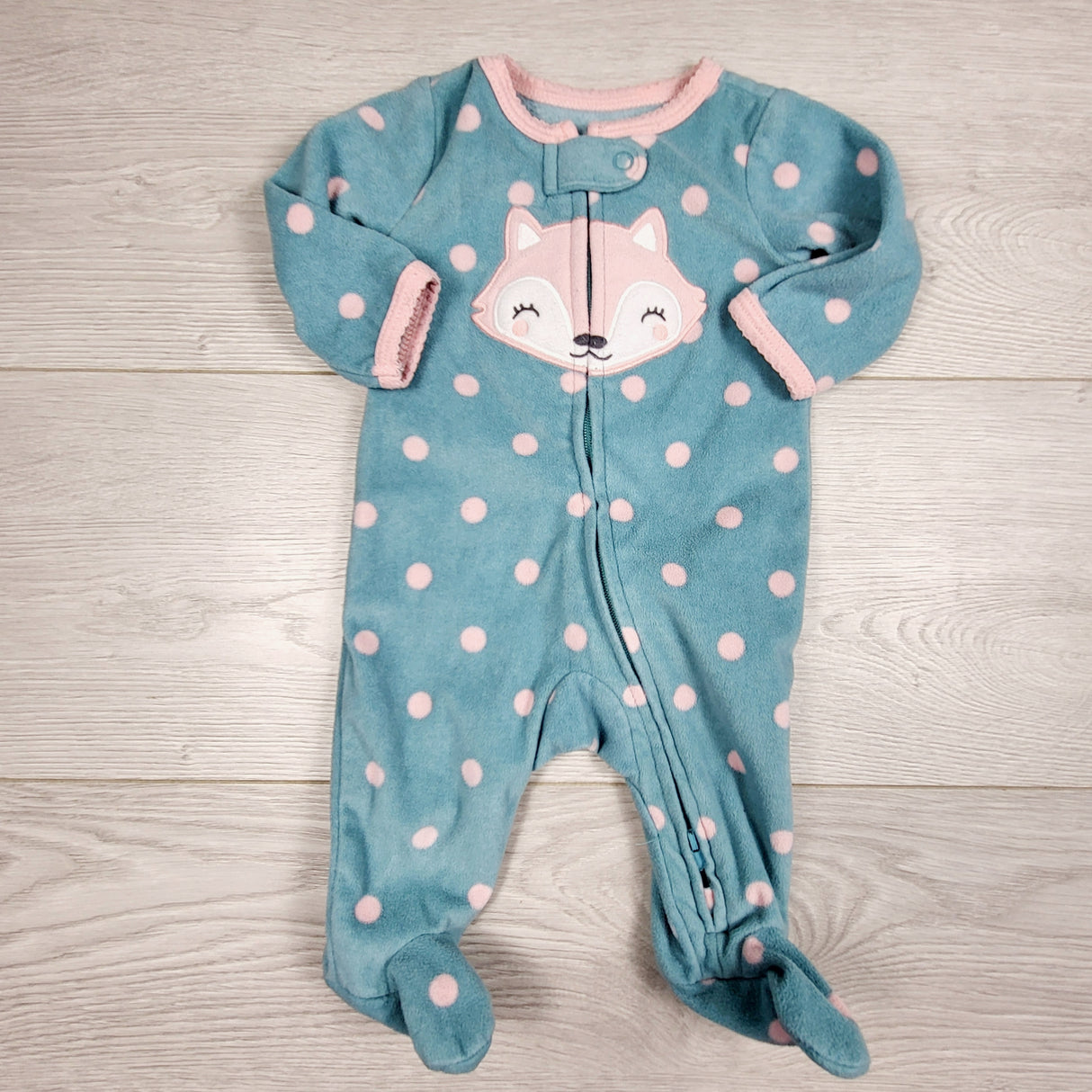 CHSP2 - Carters teal and pink polka dot zippered fleece sleeper with fox. Newborn size