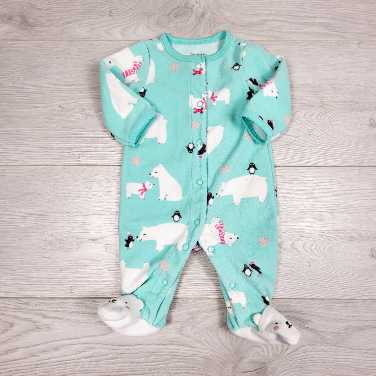 CHSP2 - Carters turquoise fleece sleeper with polar bears. Newborn size