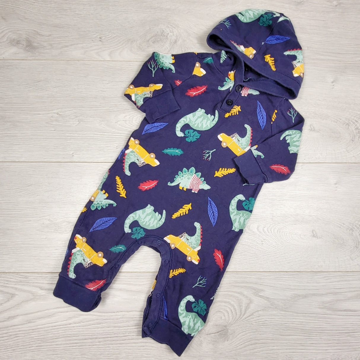 CHSP22 - Old Navy navy hooded romper with dinosaurs. Size 3-6 months