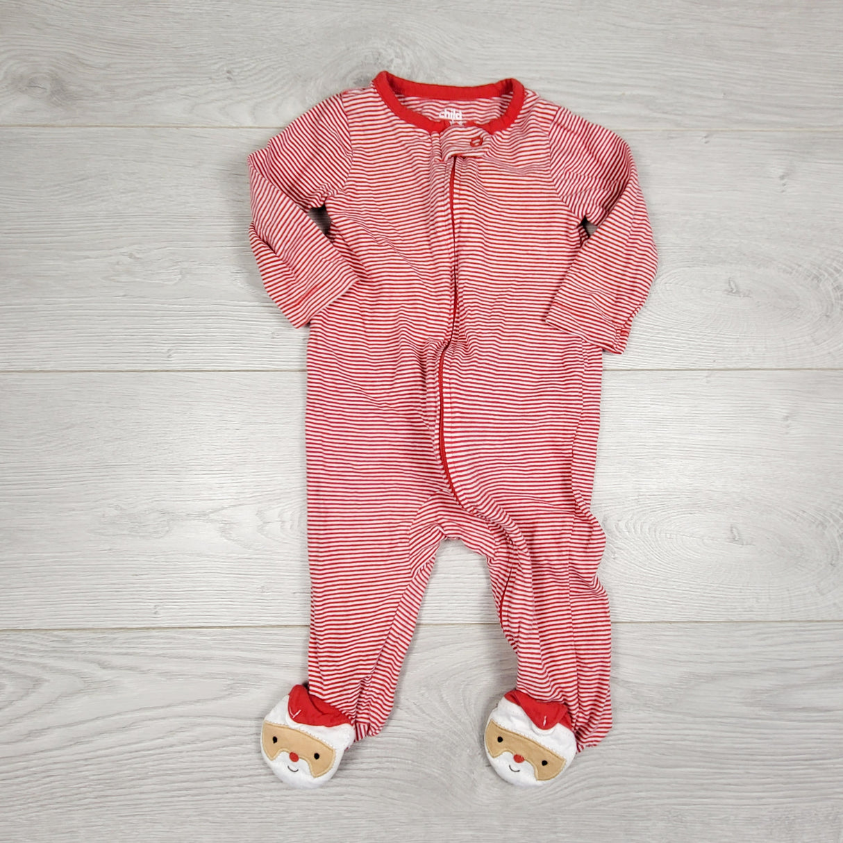 CHSP22 - Child of Mine red striped zippered cotton sleeper with Santa. Size 3-6 months