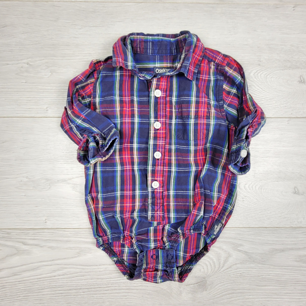 CHSP22 - Oshkosh navy and red plaid button down bodysuit. Size 9 months