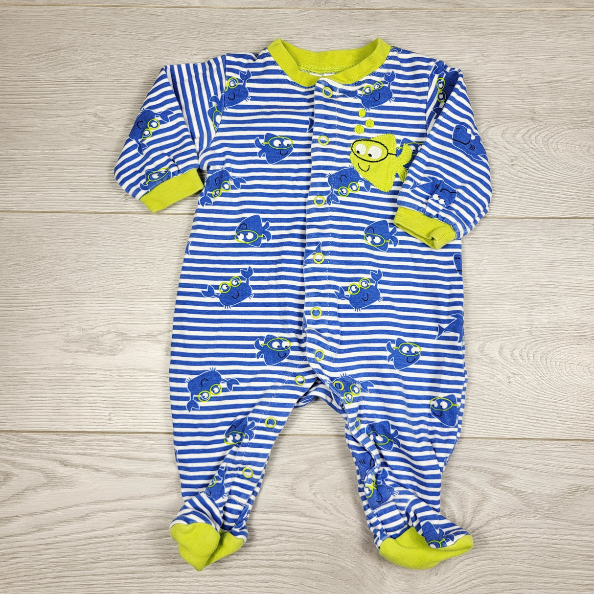 CHSP22 - Pekkle blue striped cotton sleeper with crabs. Size 3 months