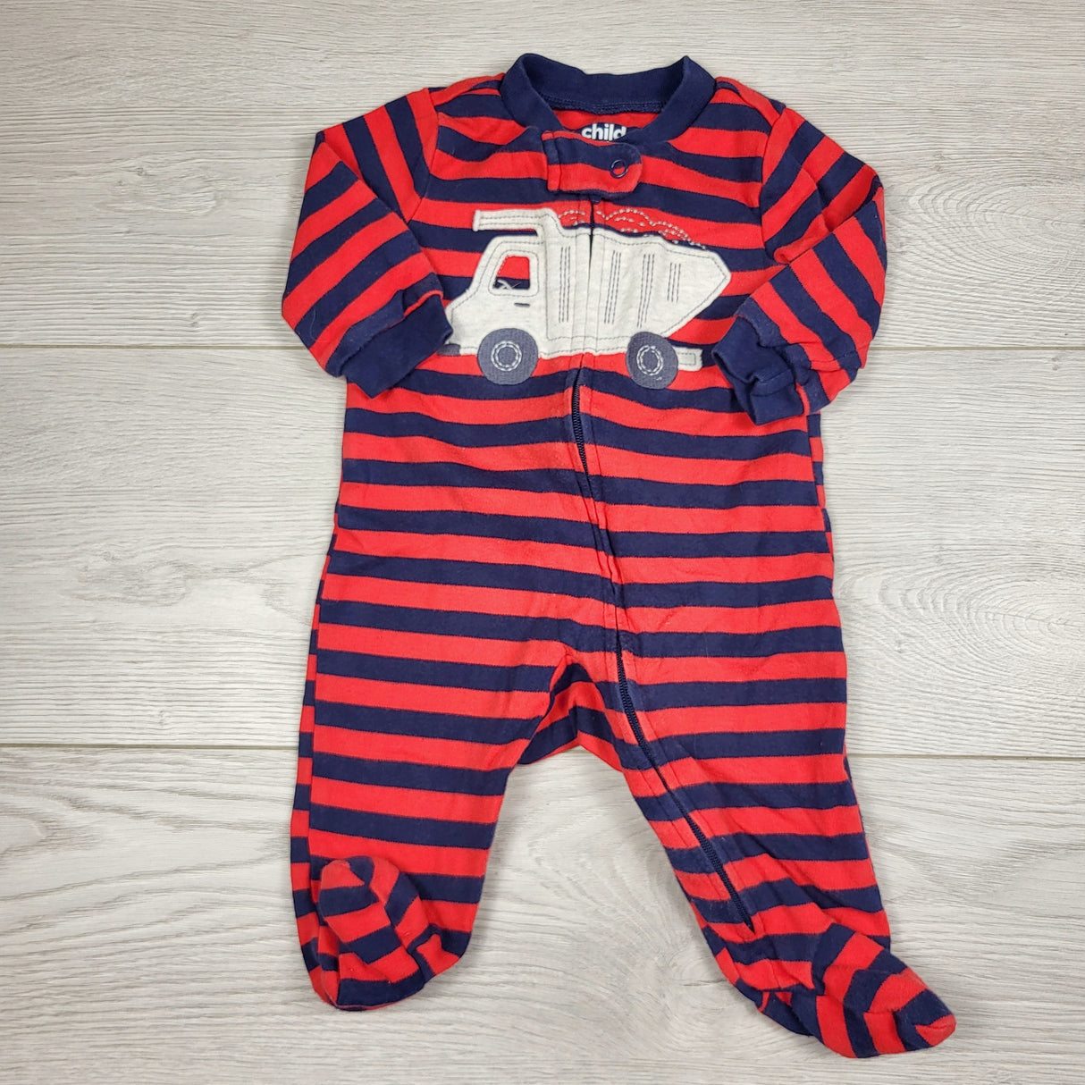 CHSP22 - Child of Mine red and navy striped sleeper with dunp truck. Size 0-3 months