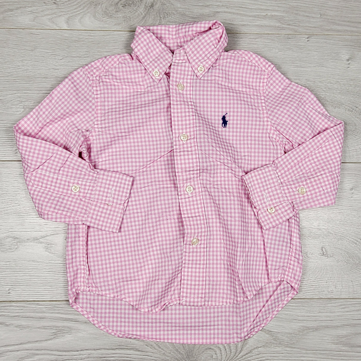 CBEN1 - Ralph Lauren (blue label) pink checked button down shirt. Size 2T