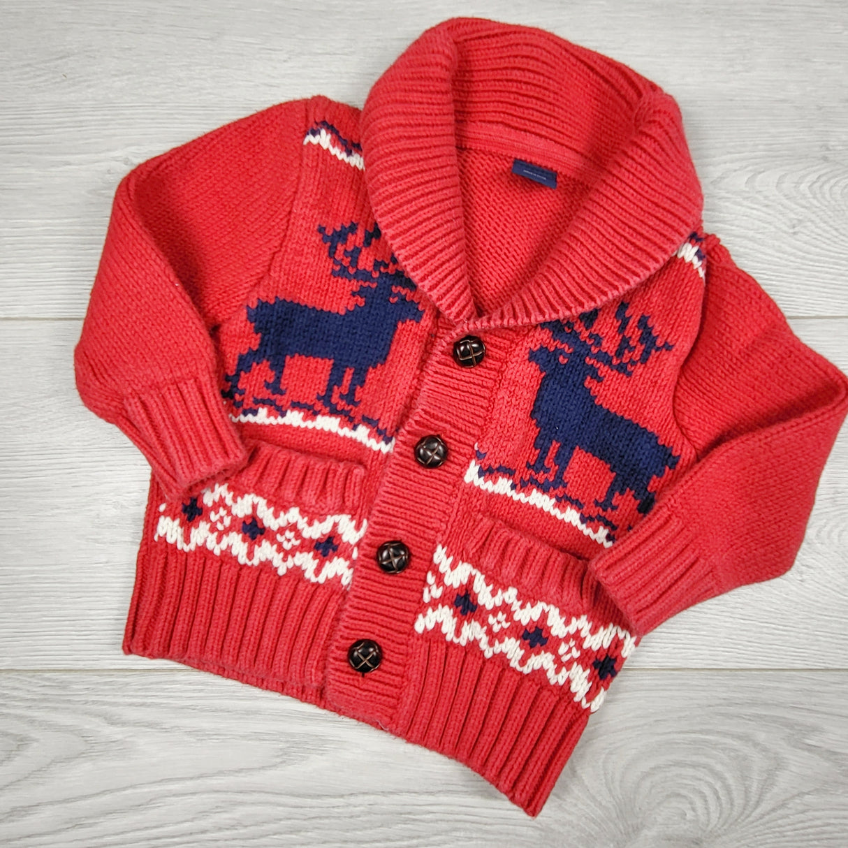 CBEN1 - Gap red and navy thicker moose sweater. Size 18-24 months
