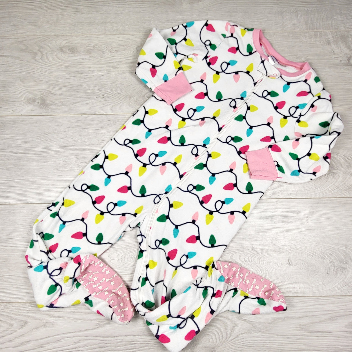 ALWE2 - Old Navy white zippered fleece sleeper with holiday lights. Size 3T