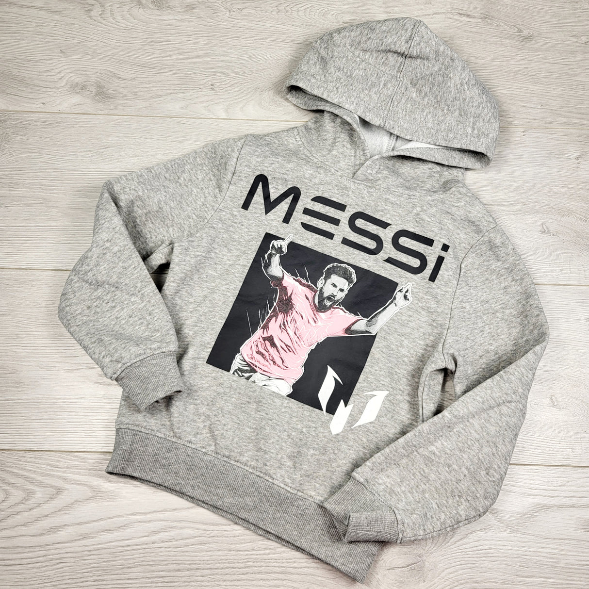 KMIL1 - Grey fleecy lined Messi pullover hoodie. Size 5T