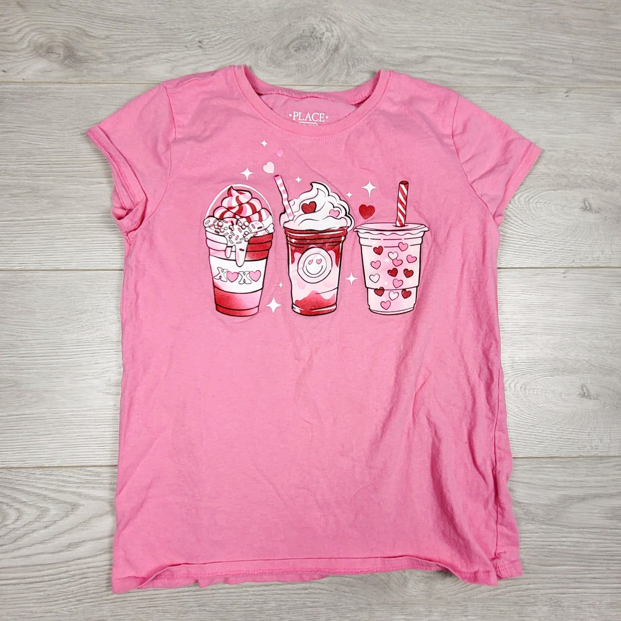 KTBL1 - Children's Place pink t-shirt with coffee drinks. Size 10/12