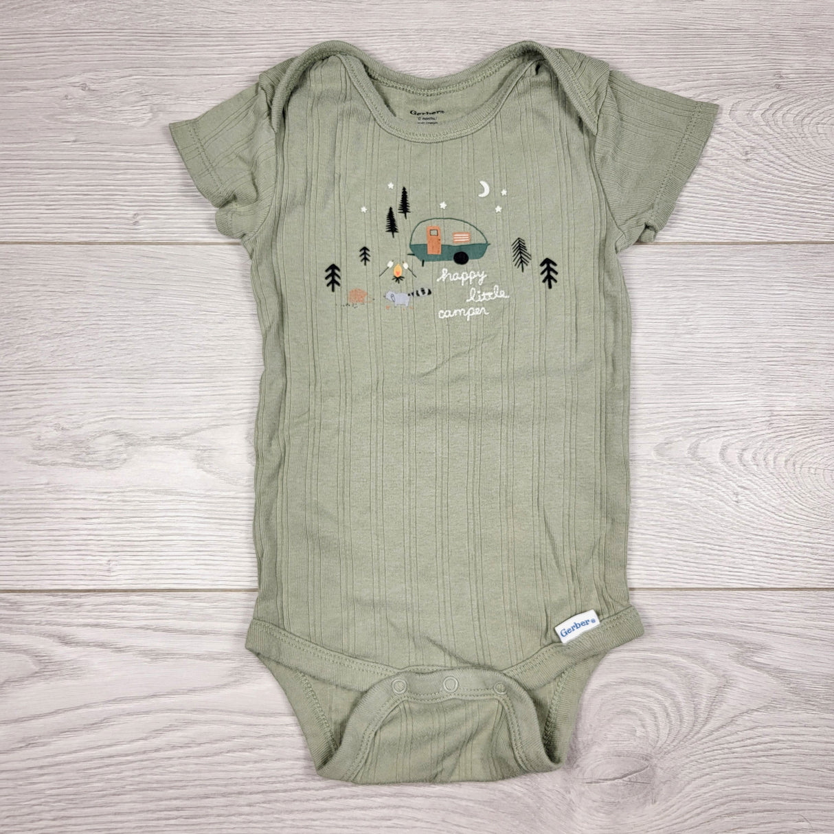 DOKN1 - Gerber green rib knit "Happy Little Camper" bodysuit. Size 12 months