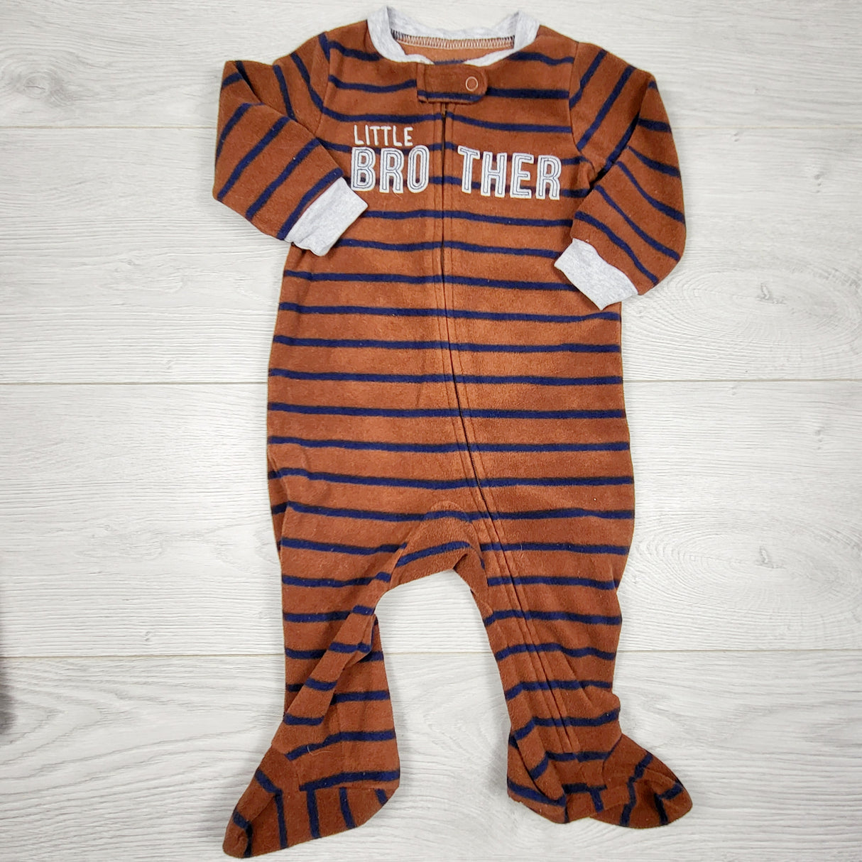 ALWE44 - Carters brown striped zippered fleece "Little Brother" sleeper. Size 6 months