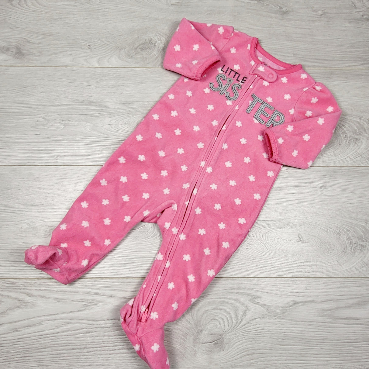 ALWE44 - Child of Mine pink floral print fleece "Little Sister" sleeper. Size 3-6 months