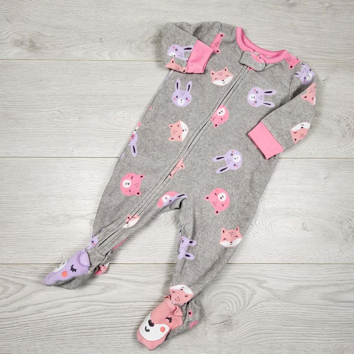 ALWE44 - Carters grey zippered fleece sleeper with woodland animals. Size 6