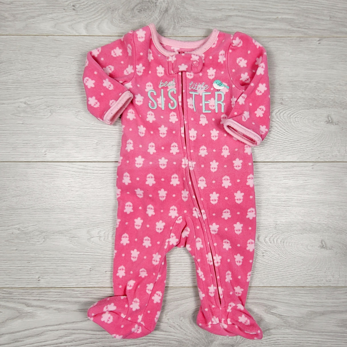 ALWE44 - Child of Mine pink fleece "Little Sister" sleeper. Newborn size
