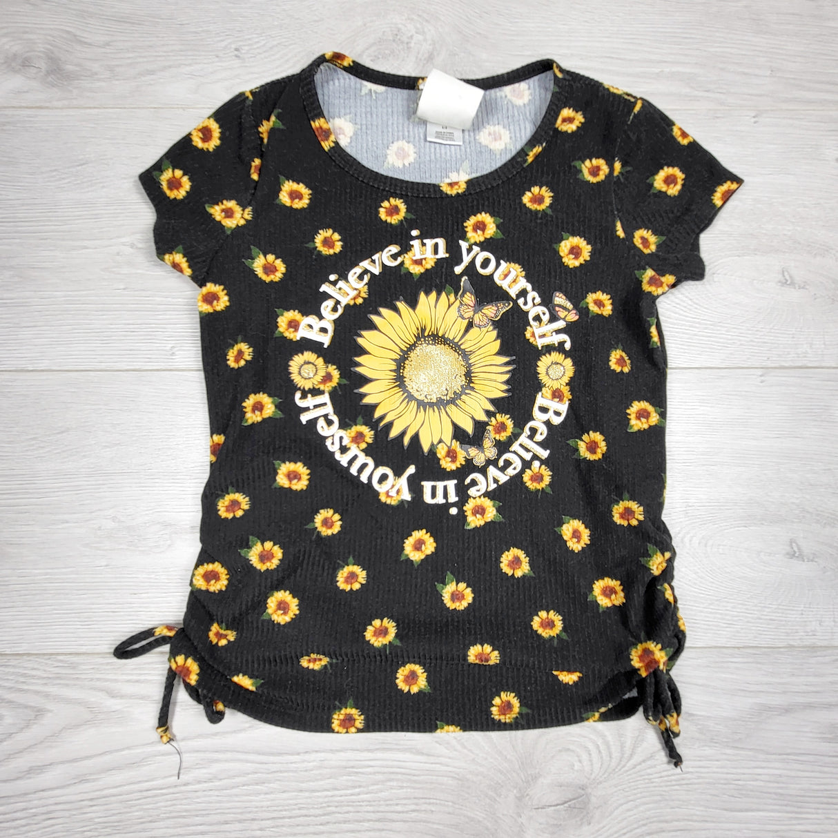 MHAN1 - Jenna and Jessie black ribbed t-shirt with sunflowers. Size 8