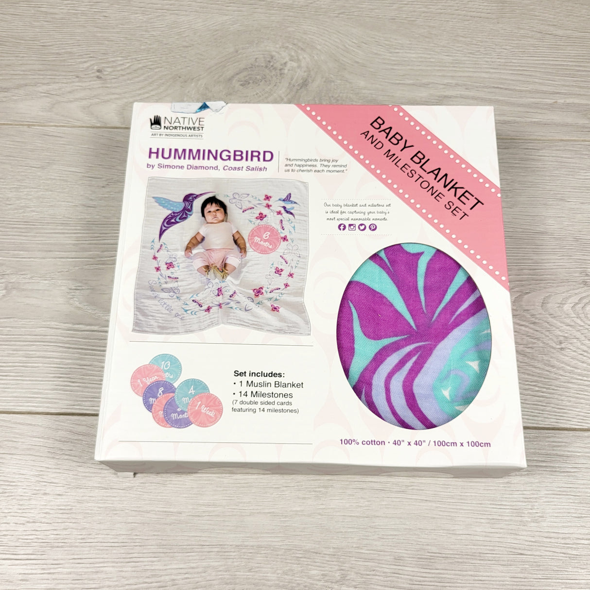 CSHR1 - NEW - Native Northweast muslin hummingbird baby blanket and milestone set