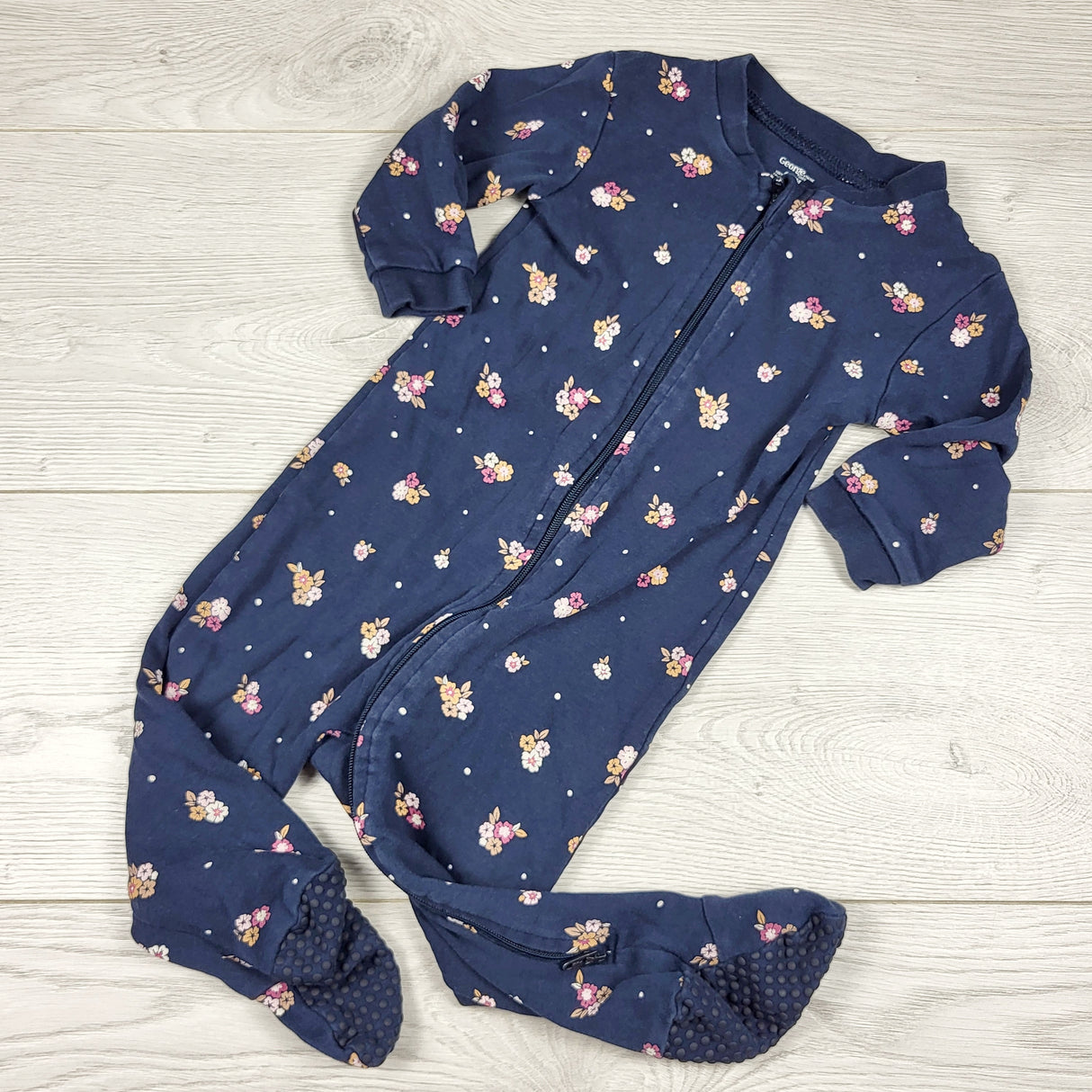 MWLL3 - George navy floral print zippered cotton sleeper. Size 6-12 months