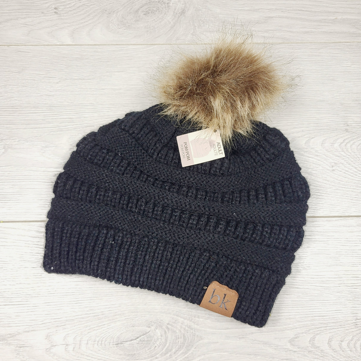 MHAN3 - NEW - BK black pom pom toque. Adult size