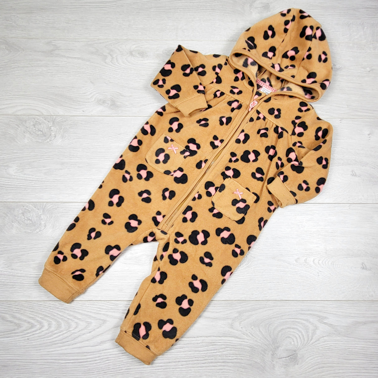 MASO1 - George tan leopard print hooded fleece romper. Size 12-18 months