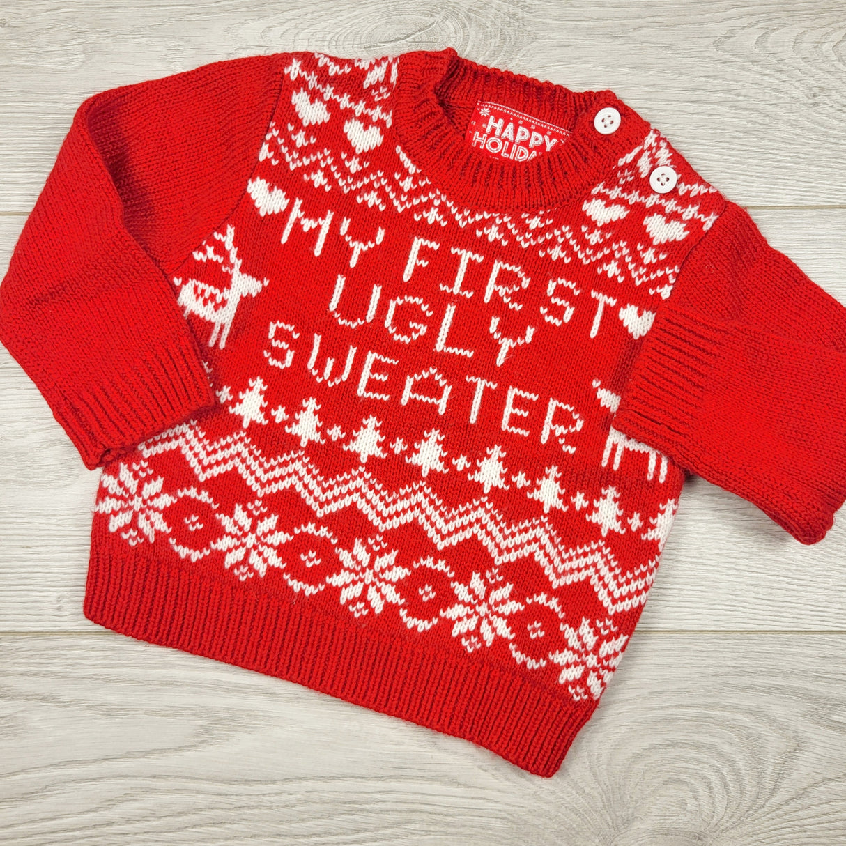 MASO2 - Red and white striped "My First Ugly Sweater" holiday sweater. Size 3-6 months