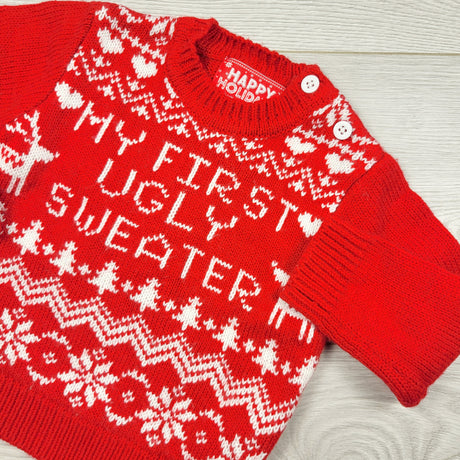 MASO2 - Red and white striped "My First Ugly Sweater" holiday sweater. Size 3-6 months