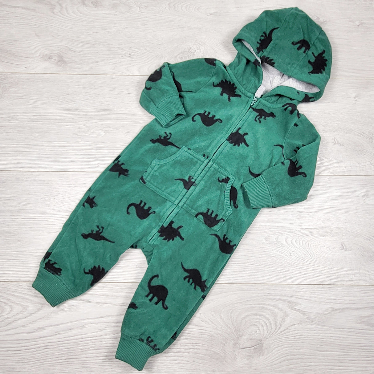 MASO2 - Carters green hooded fleece dinosaur romper. Size 6 months