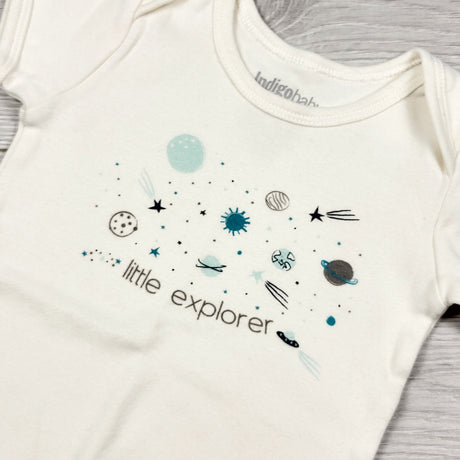 MASO2 - Indigo cream coloured "Little Explorer" bodysuit. Size 3-6 months