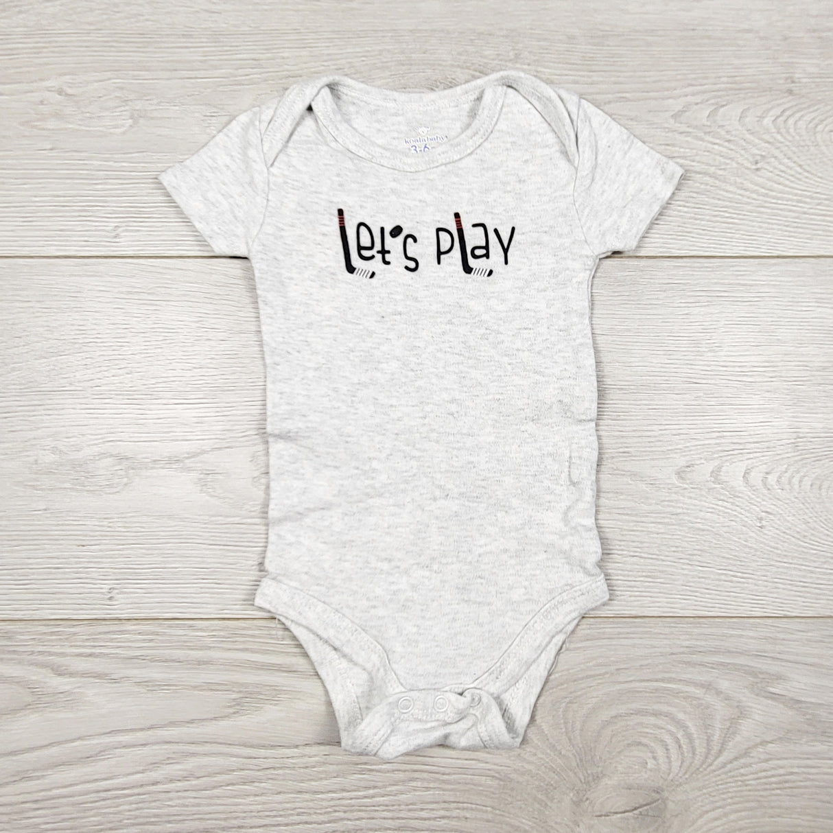 MASO2 - Koala Baby grey hockey themed "Let's Play" bodysuit. Size 3-6 months