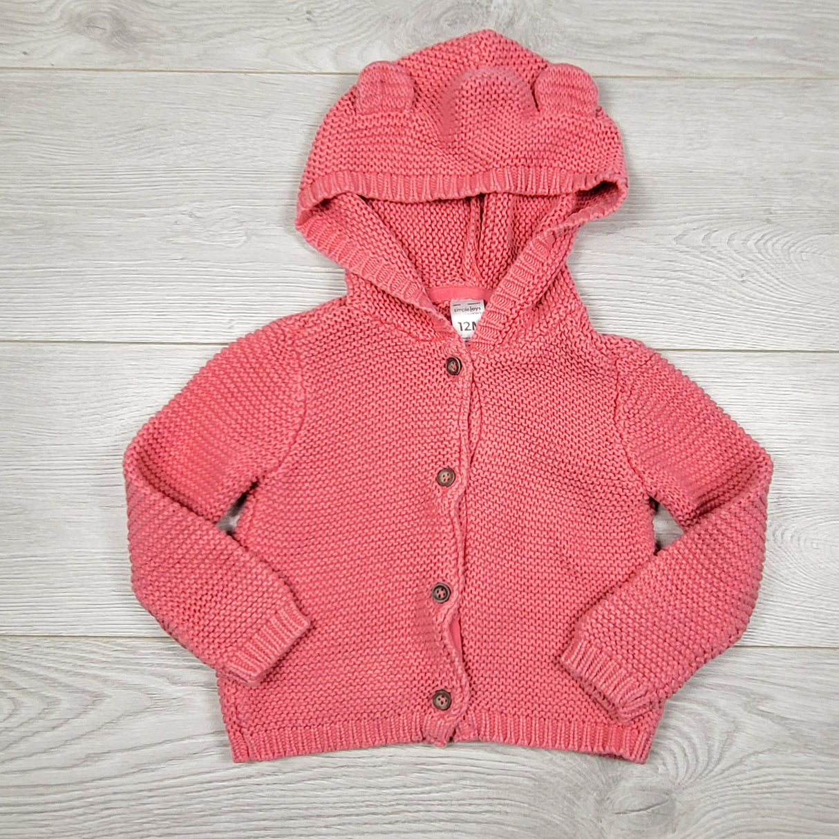MASO22 - Simple Joys pink hooded bear ear sweater. Size 12 months