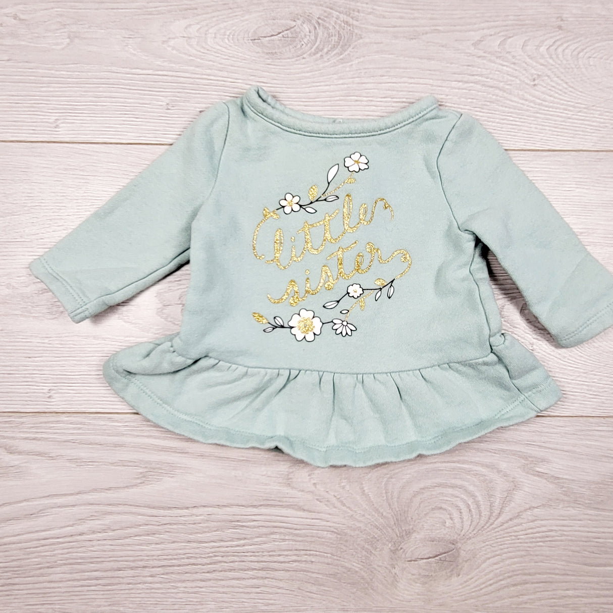 MASO22 - Child of Mine aqua coloured fleece lined "Little Sister" sweashirt. Size 0-3 months