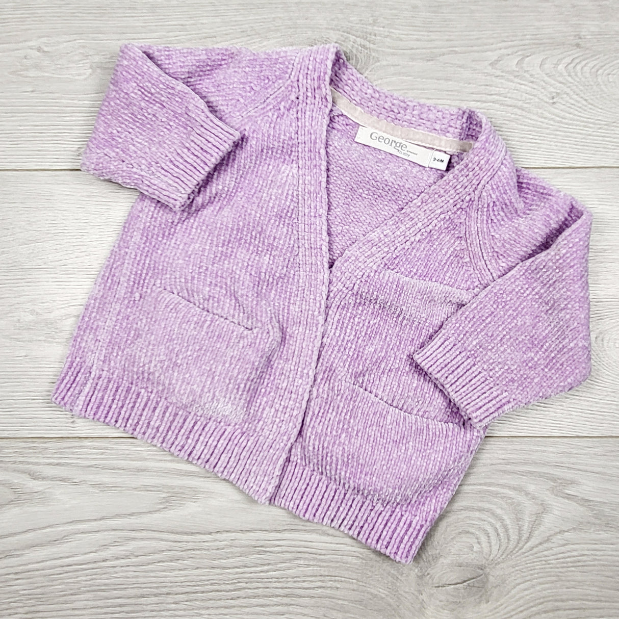 MASO22 - George purple chenille open cardigan sweater. Size 3-6 months