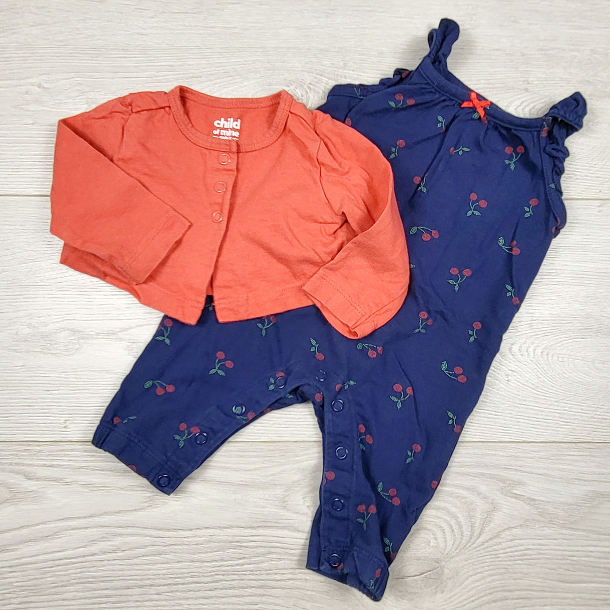 MASO22 - Child of Mine navy romper cherries + maatching cotton sweater. Size 0-3 months