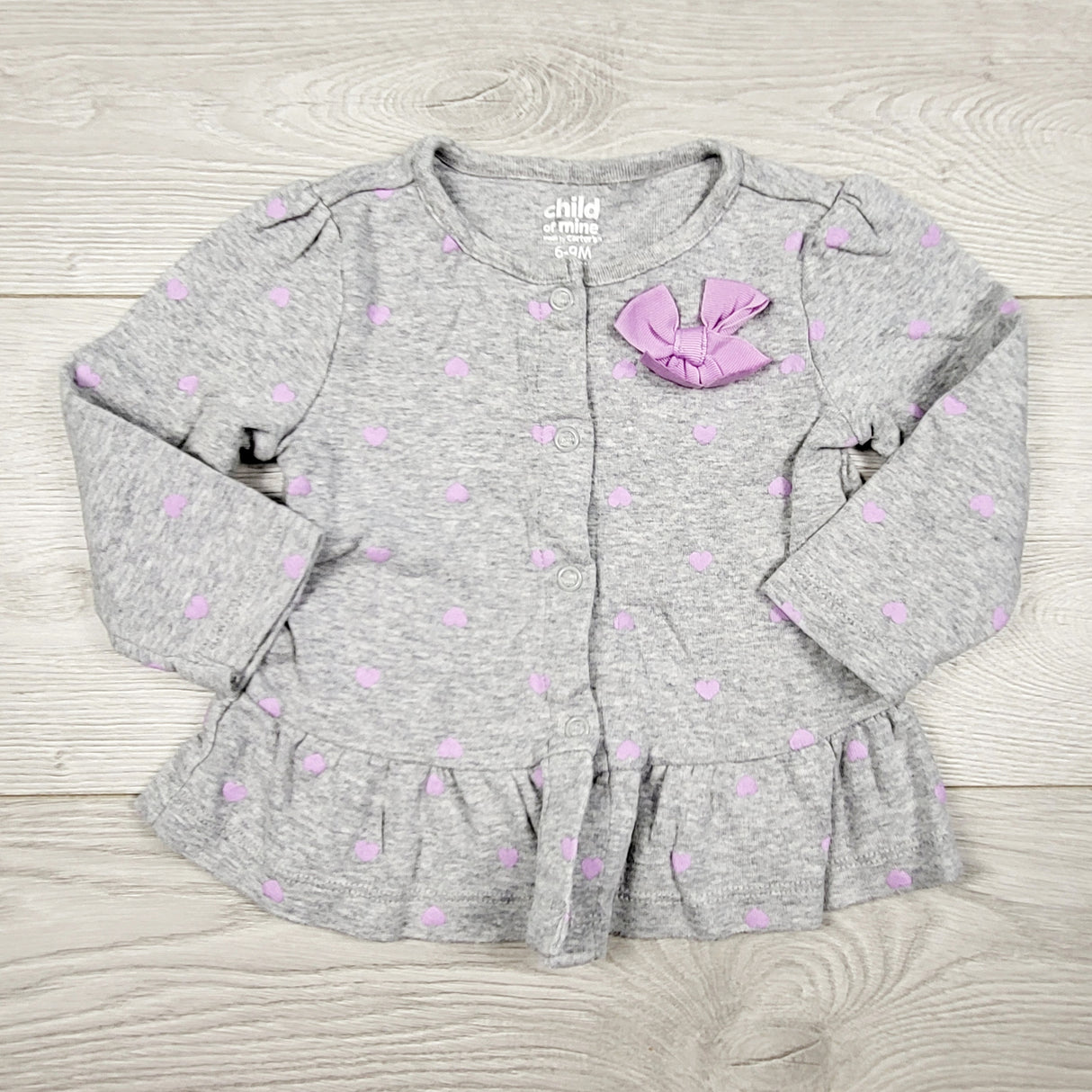 MASO22 - Child of Mine grey and purple polka dot snap button top. Size 6-9 months