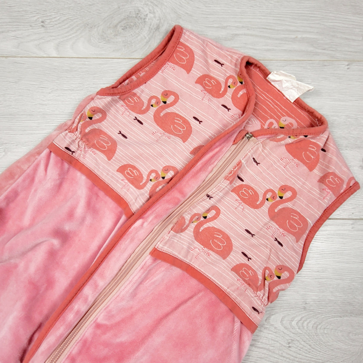 MASO3 - Pink velour sleep sack with flamingos. Size 6-12 months