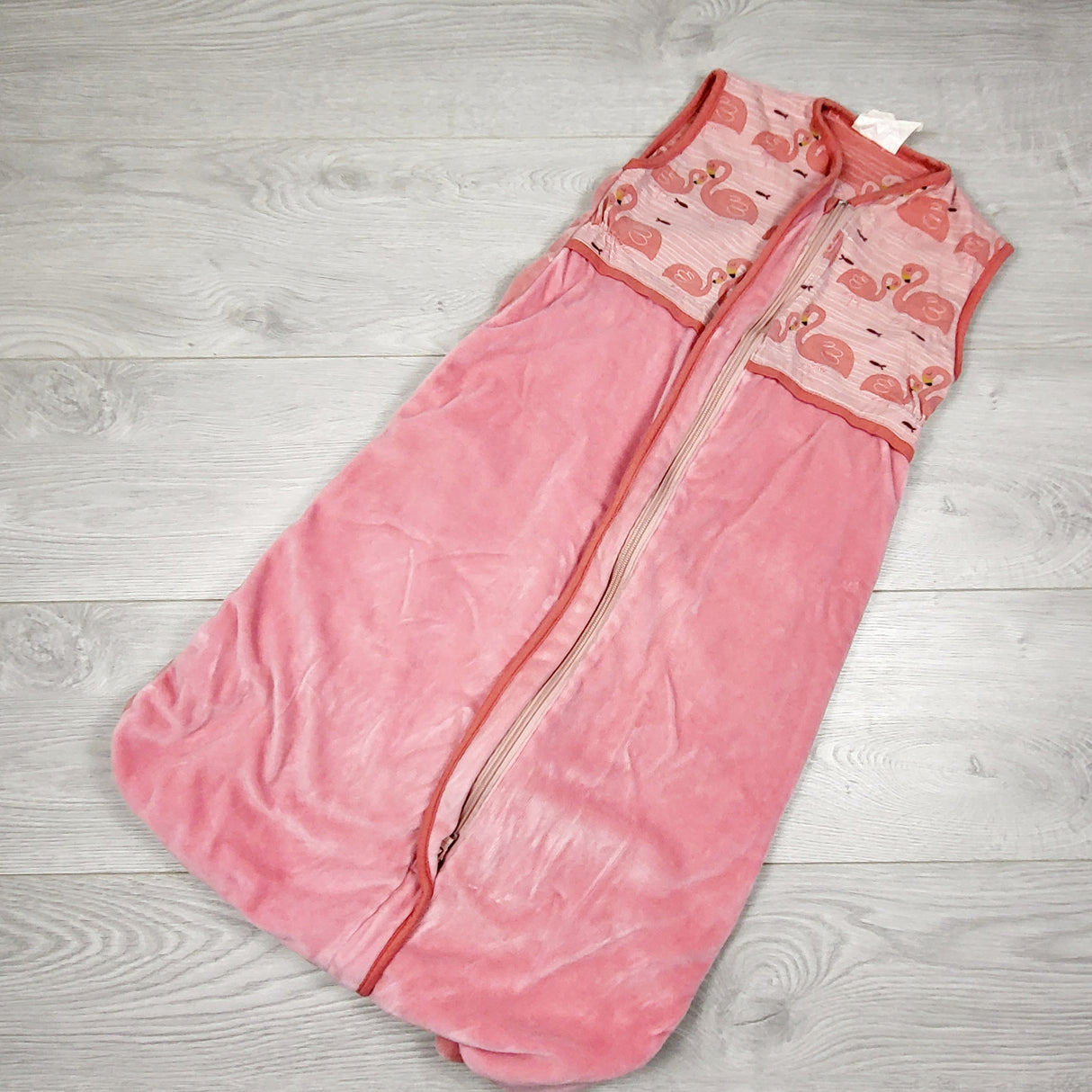 MASO3 - Pink velour sleep sack with flamingos. Size 6-12 months