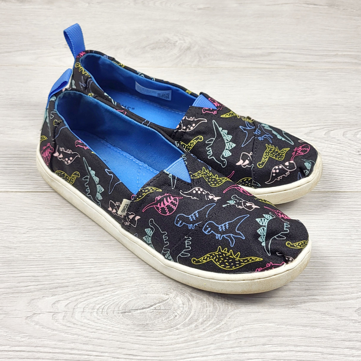 DPAR1 - Toms slip in canvas dinosaus shoes. Youth size 3.5