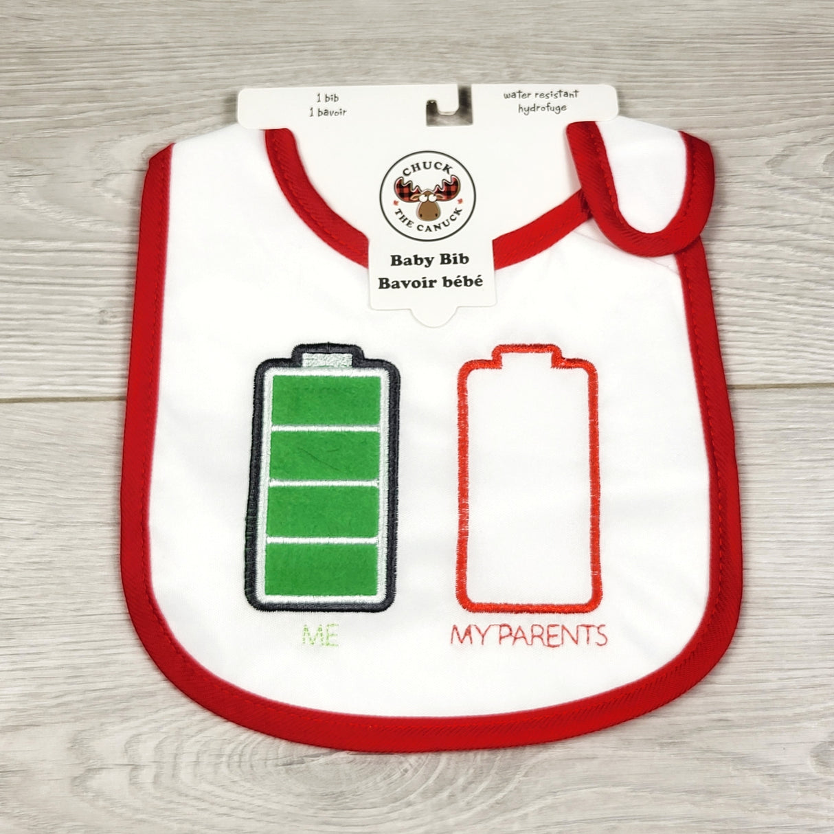 AMST1 - NEW - Chuck the Canuck plastic backed bib with batteries