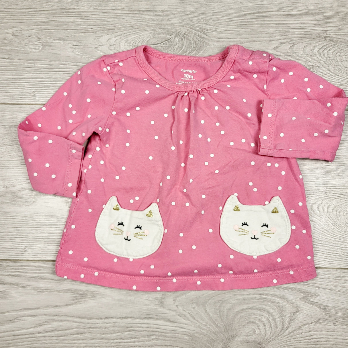 AMST3 - Carters pink polka dot top with cats. Size 18 months