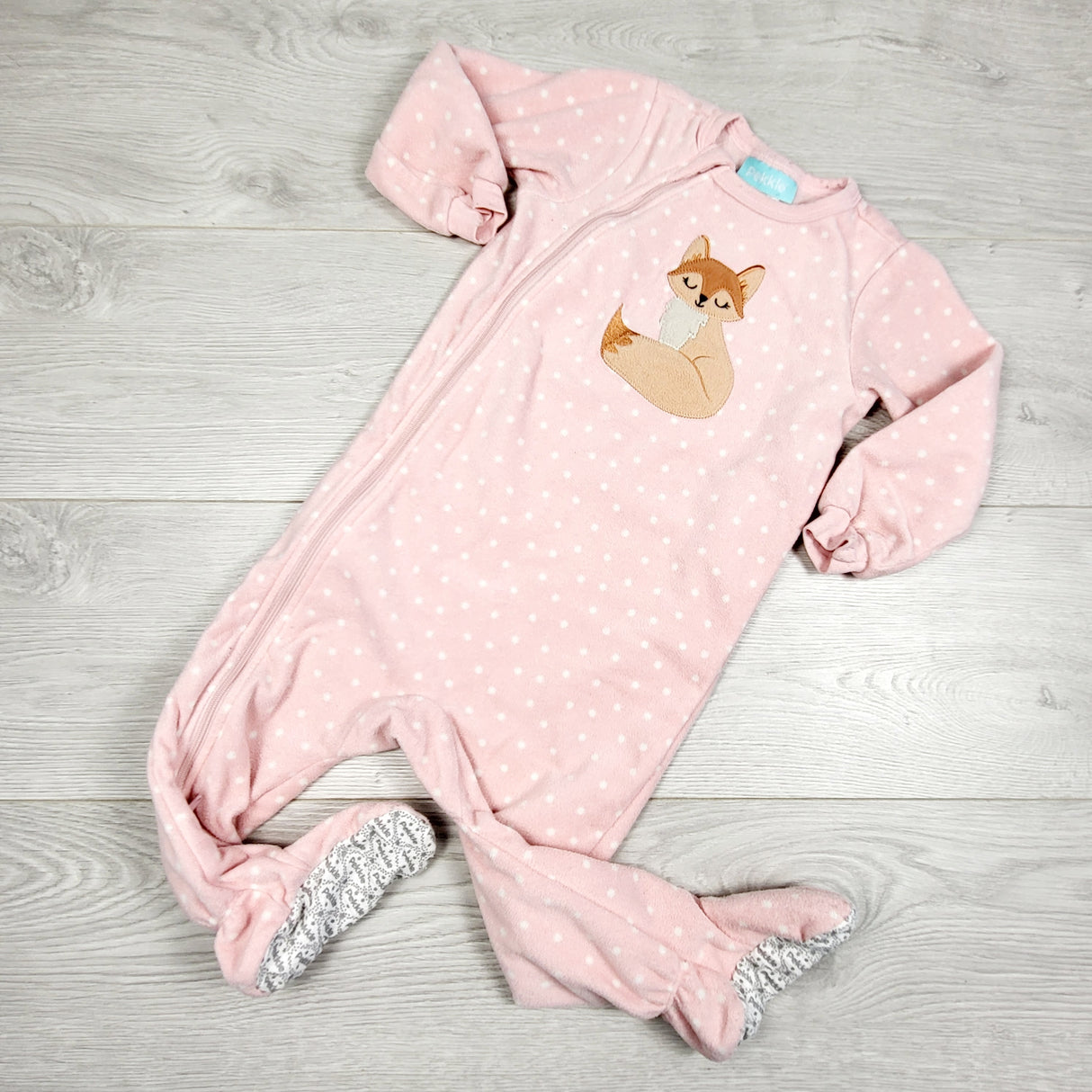 AMST3 - Pekkle pink zippered fleece polka dot sleeper with fox. Size 18 months